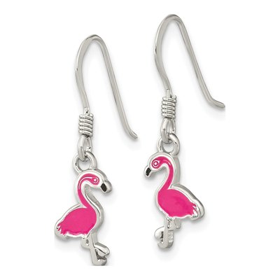 Sterling Silver Girls' Pink Enamel Flamingo Dangle Earrings – view 3