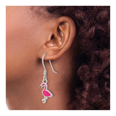 Sterling Silver Girls' Pink Enamel Flamingo Dangle Earrings – view 4