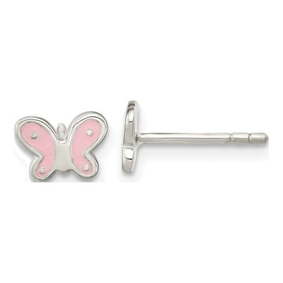 Sterling Silver Girls' Pink Enamel Butterfly Stud Earrings