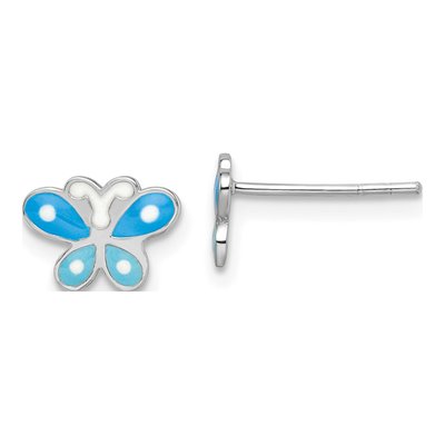 Sterling Silver Girls' Blue Enamel Butterfly Stud Earrings