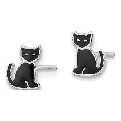 Sterling Silver Girls' Black Enamel Cat Stud Earrings – view 3