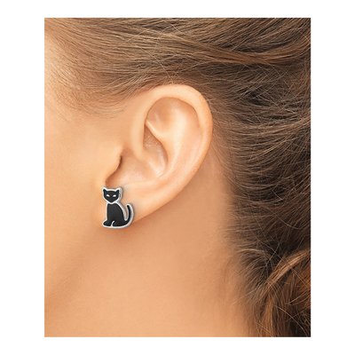 Sterling Silver Girls' Black Enamel Cat Stud Earrings – view 4