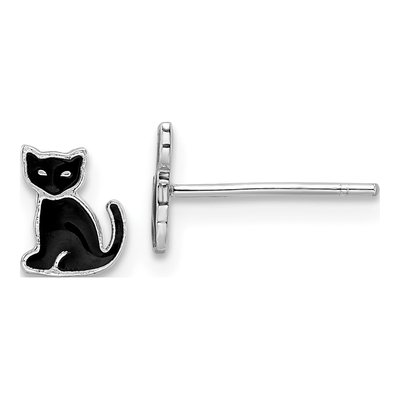 Sterling Silver Girls' Black Enamel Cat Stud Earrings