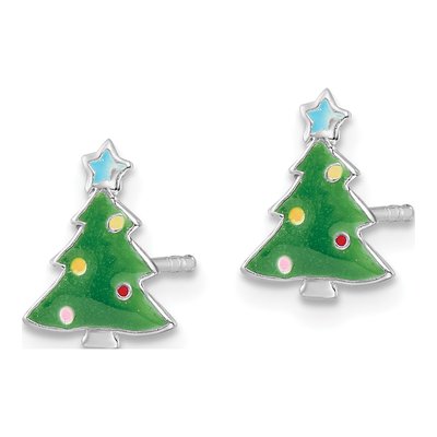 Sterling Silver Kids' Enamel Christmas Tree Stud Earrings – view 3