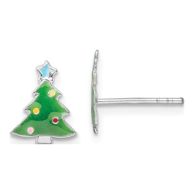 Sterling Silver Kids' Enamel Christmas Tree Stud Earrings