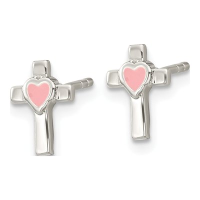 Sterling Silver Girls' Cross Pink Enamel Stud Earrings – view 3