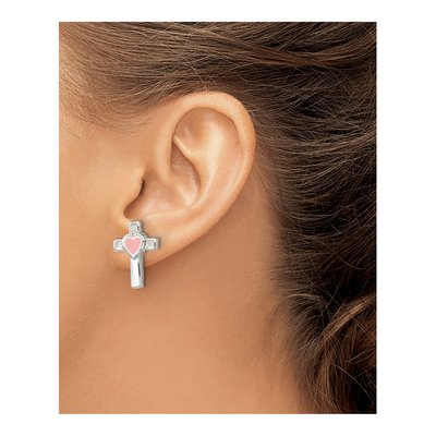 Sterling Silver Girls' Cross Pink Enamel Stud Earrings – view 4