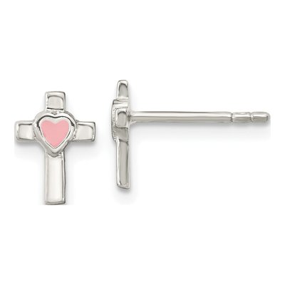 Sterling Silver Girls' Cross Pink Enamel Stud Earrings