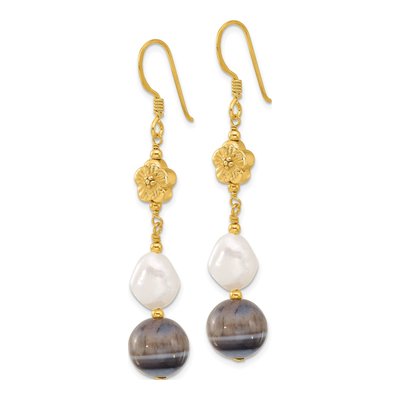 Sterling Silver Pearl & Sardonyx Flower Earrings – view 2