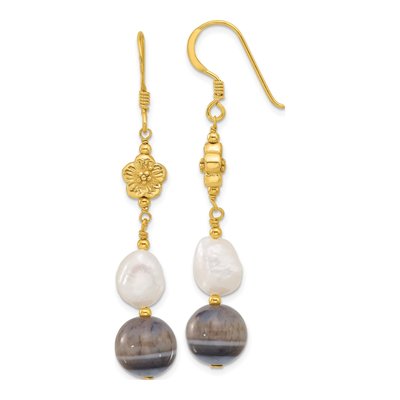 Gold-Plated Sterling Silver Freshwater Cultured Pearl Sardonyx Flower Dangle Earrings