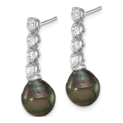 Sterling Silver Black Tahitian Cultured Pearl & CZ Dangle Earrings – view 2