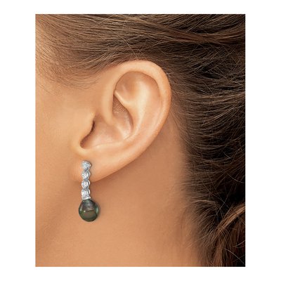 Sterling Silver Black Tahitian Cultured Pearl & CZ Dangle Earrings – view 3