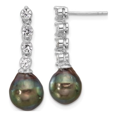 Sterling Silver Black Tahitian Cultured Pearl & CZ Dangle Earrings