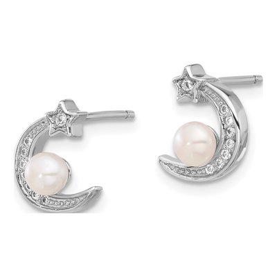 Sterling Silver Button Freshwater Cultured Pearl & CZ Moon Star Stud Earrings – view 2