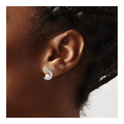 Sterling Silver Button Freshwater Cultured Pearl & CZ Moon Star Stud Earrings – view 3