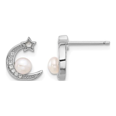 Sterling Silver Button Freshwater Cultured Pearl & CZ Moon Star Stud Earrings