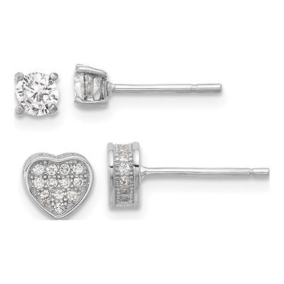 Sterling Silver CZ Heart & Stud Earring Set