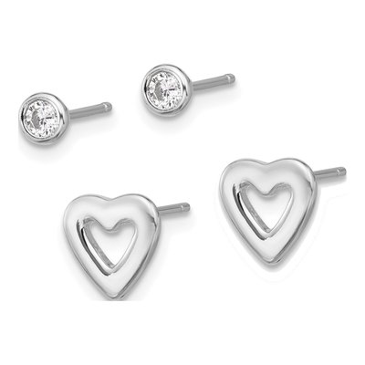 Sterling Silver CZ & Heart Stud Earrings Set – view 3