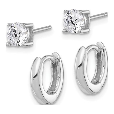 Sterling Silver Huggie Hoop & CZ Stud Earring Set – view 3