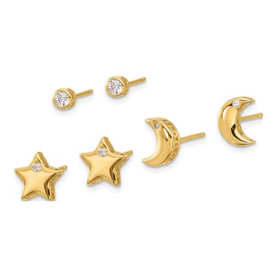 Sterling Silver CZ Moon, Star & Round Stud Earring Set – view 3