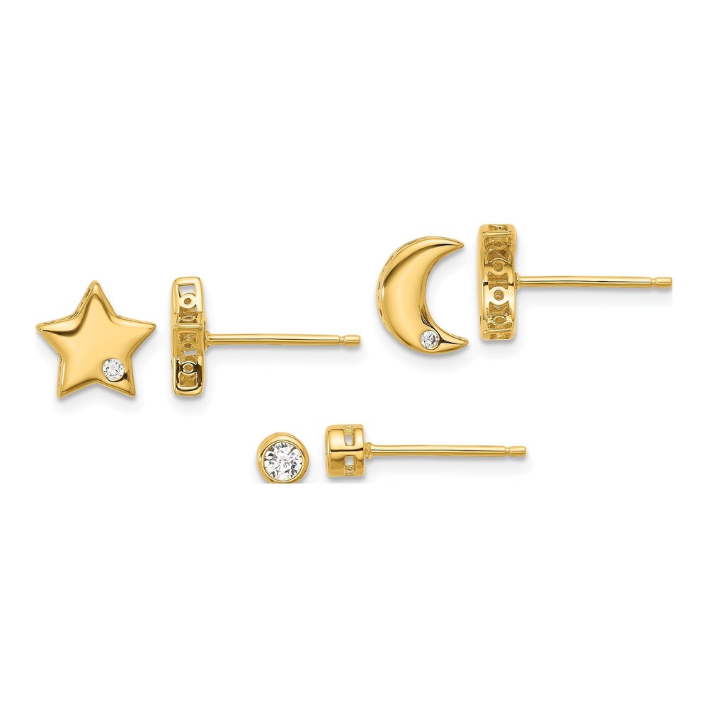 Sterling Silver CZ Moon, Star & Round Stud Earring Set