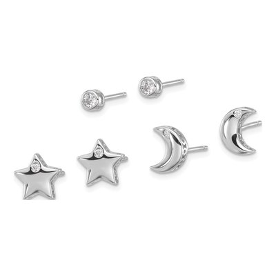 Sterling Silver CZ Moon, Star & Round Stud Set – view 3