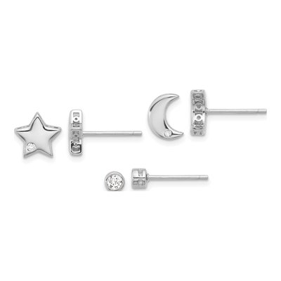 Sterling Silver CZ Moon, Star & Round Stud Set