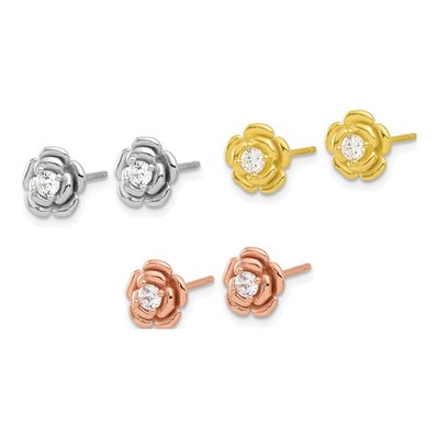 Sterling Silver CZ Rose Stud Earrings Set of 3 – view 3