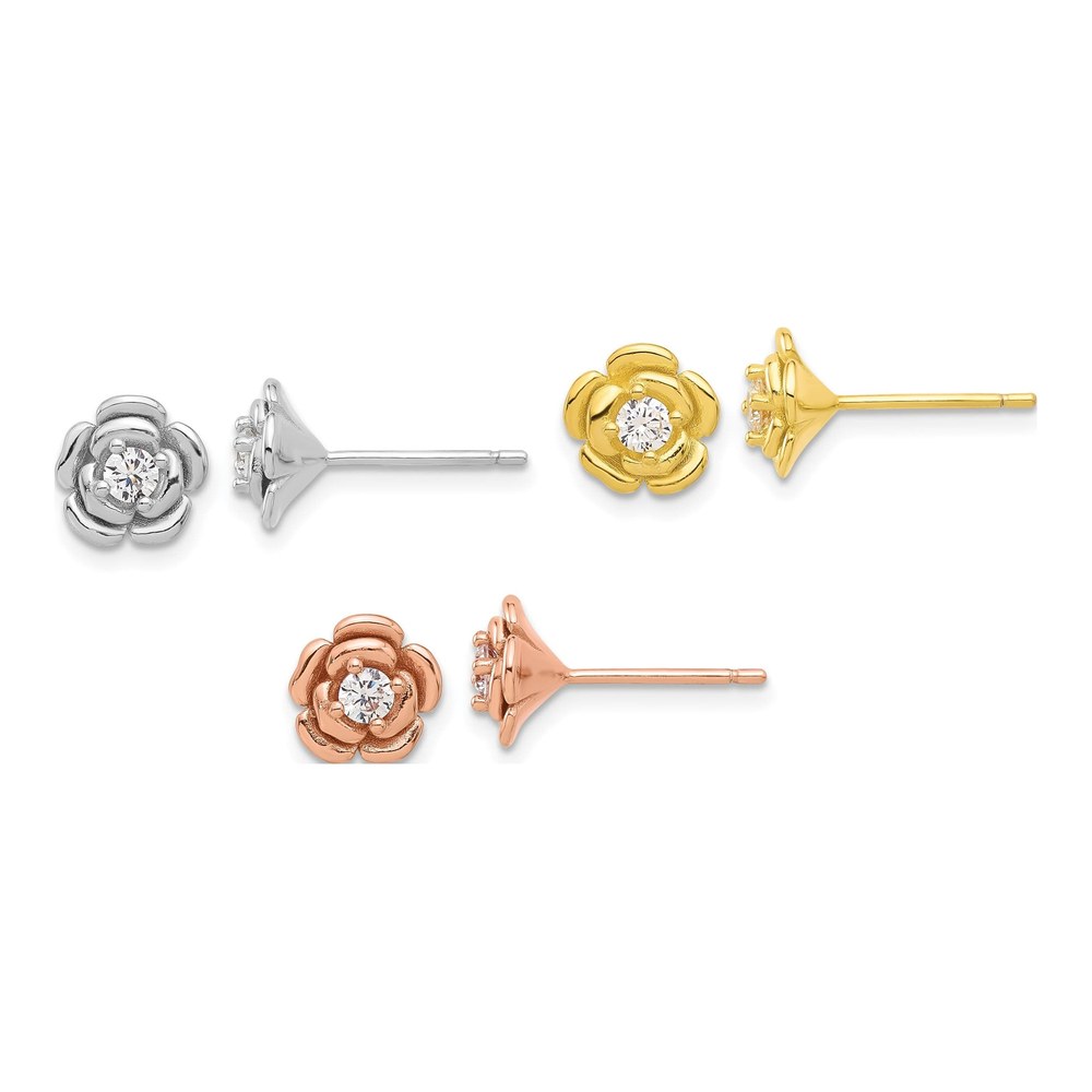 Sterling Silver CZ Rose Stud Earrings Set of 3