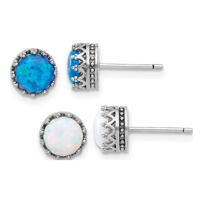 Sterling Silver Blue & White Opal Stud Earring Set
