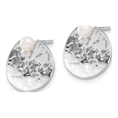 Sterling Silver Freshwater Cultured Pearl Hammered Round Stud Earrings – view 2