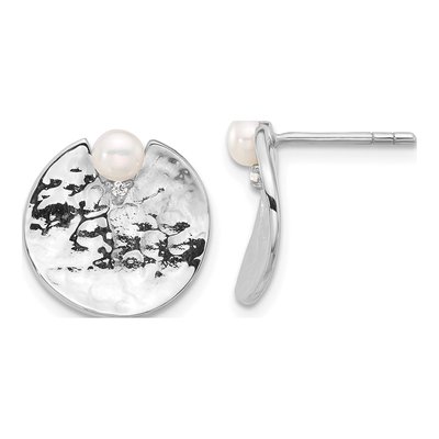 Sterling Silver Freshwater Cultured Pearl Hammered Round Stud Earrings