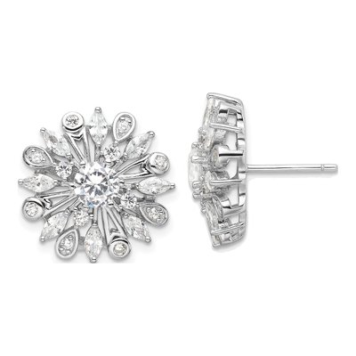 Sterling Silver CZ Floral Button Stud Earrings
