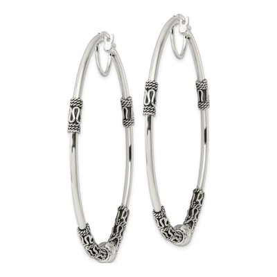 Sterling Silver 61mm Antiqued Fancy Beaded Hoop Earrings – view 3