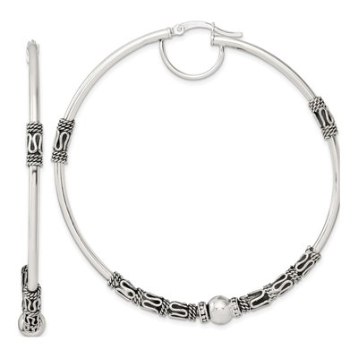 Sterling Silver 61mm Antiqued Fancy Beaded Hoop Earrings