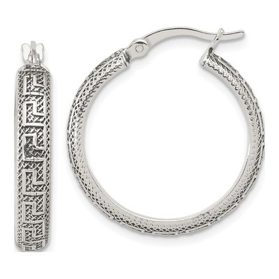 Sterling Silver 26mm Greek Key Round Hoop Earrings