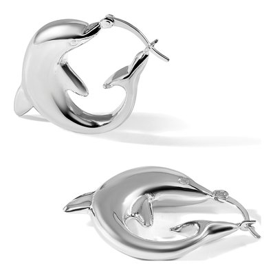 Sterling Silver 32mm Dolphin Hoop Earrings – view 6