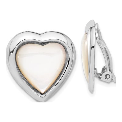 Sterling Silver Mother of Pearl Heart Clip Stud Earrings