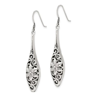 Sterling Silver Antiqued Floral Teardrop Dangle Earrings – view 3