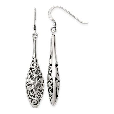 Sterling Silver Antiqued Floral Teardrop Dangle Earrings