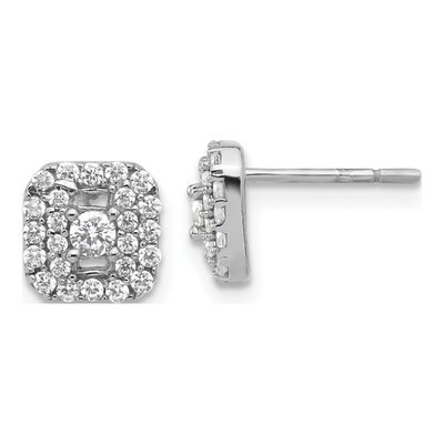 Sterling Silver Round CZ Square Halo Stud Earrings