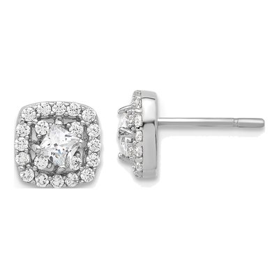 Sterling Silver CZ Square Halo Stud Earrings