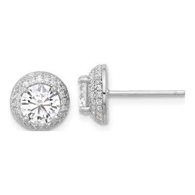 Sterling Silver CZ Double Halo Button Stud Earrings