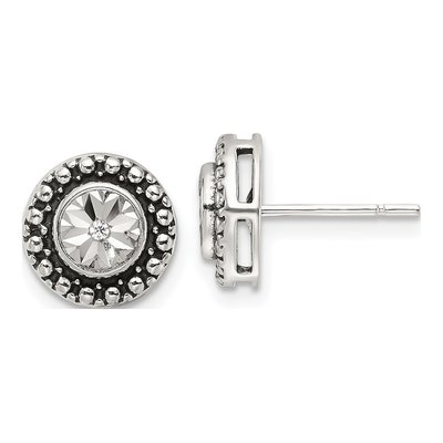 Sterling Silver 1mm Round CZ Antiqued Stud Earrings