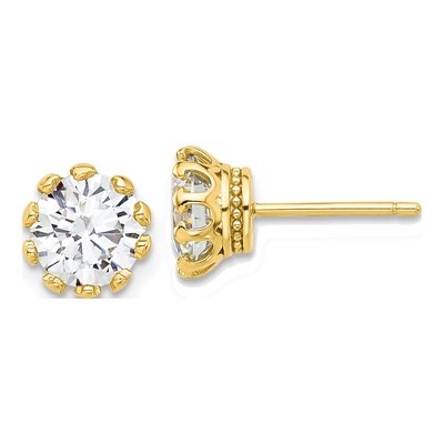 Gold-Plated Sterling Silver 7mm Round CZ Crown Stud Earrings