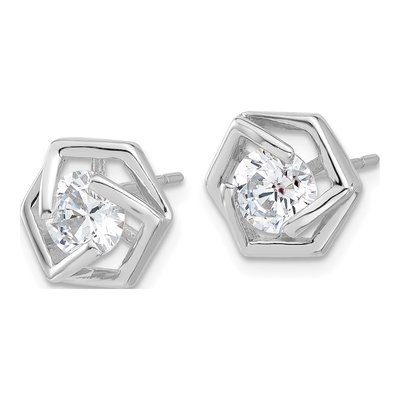 Sterling Silver 6mm Round CZ Hexagon Stud Earrings – view 3