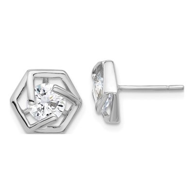 Sterling Silver 6mm Round CZ Hexagon Stud Earrings