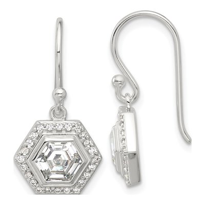 Sterling Silver CZ Hexagon Dangle Earrings