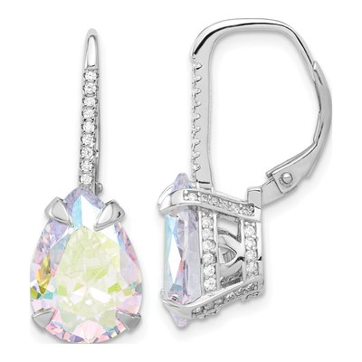 Sterling Silver CZ Iridescent Pear Leverback Earrings