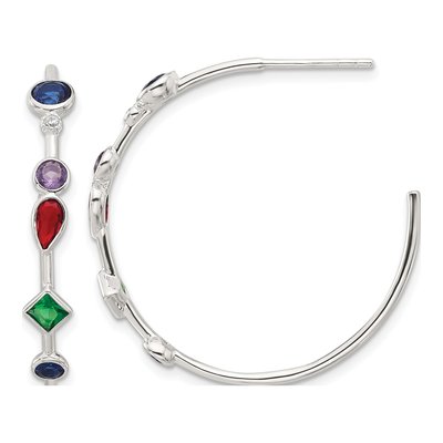 Sterling Silver 31mm CZ Multi-Color Hoop Earrings